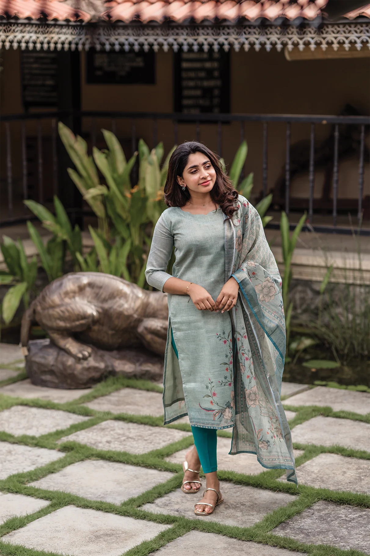 Pista Green Cotton Printed Kurti Set