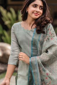 Pista Green Cotton Printed Kurti Set