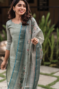 Pista Green Cotton Printed Kurti Set