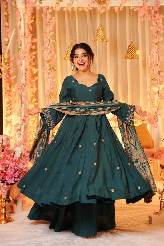 Dark Green Embroidered P.V. Chanderi Sharara Set