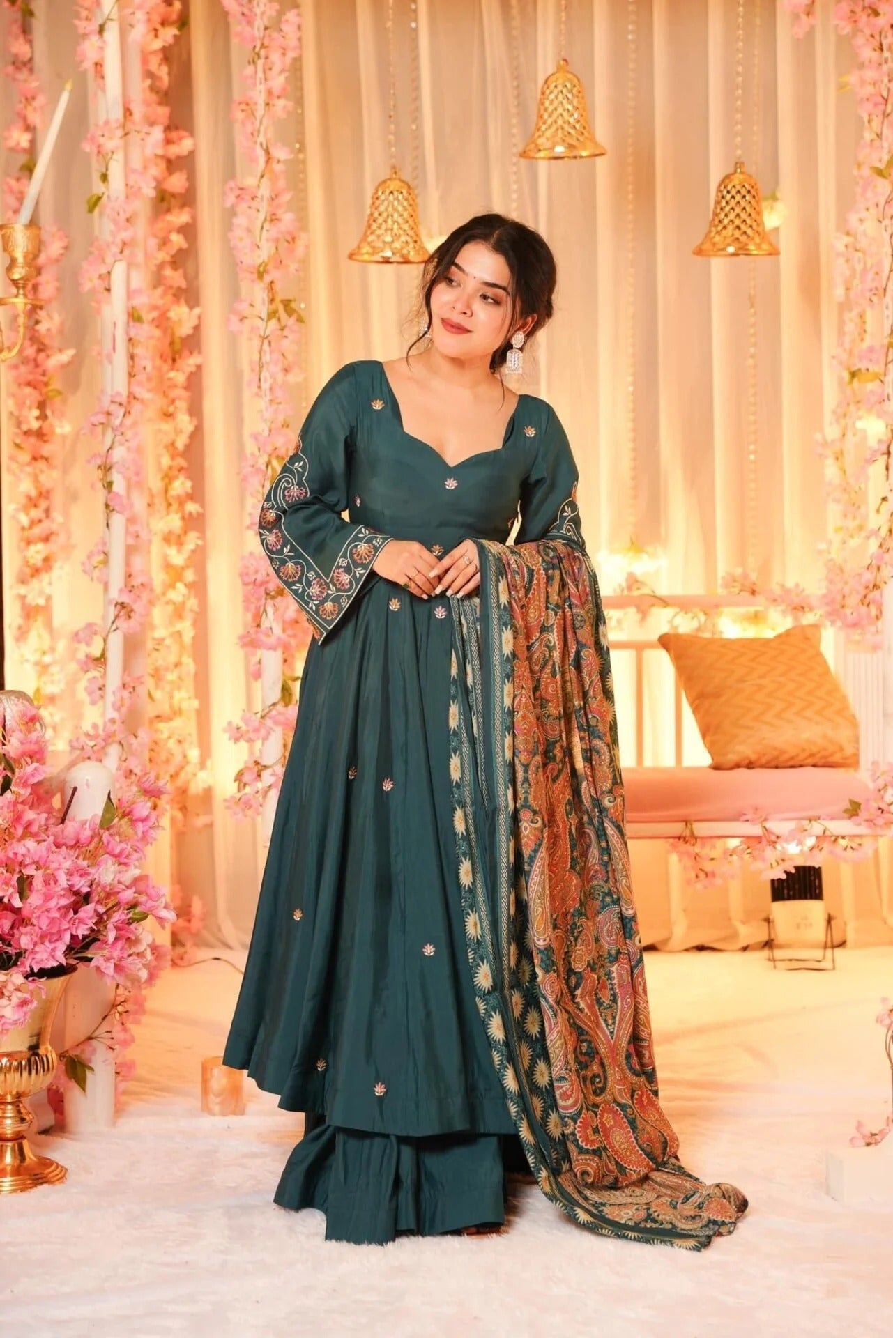 Dark Green Embroidered P.V. Chanderi Sharara Set