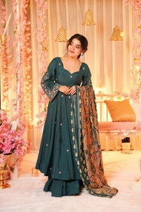 Dark Green Embroidered P.V. Chanderi Sharara Set