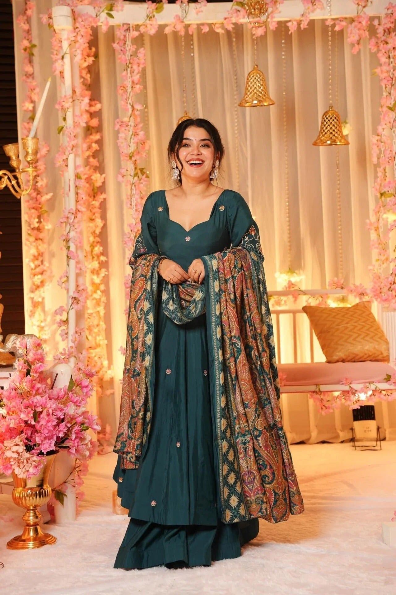 Dark Green Embroidered P.V. Chanderi Sharara Set