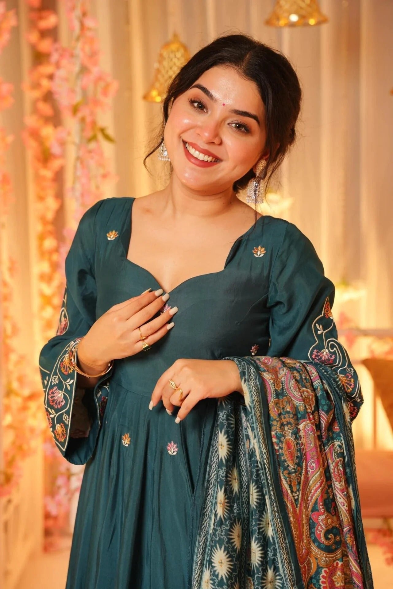 Dark Green Embroidered P.V. Chanderi Sharara Set