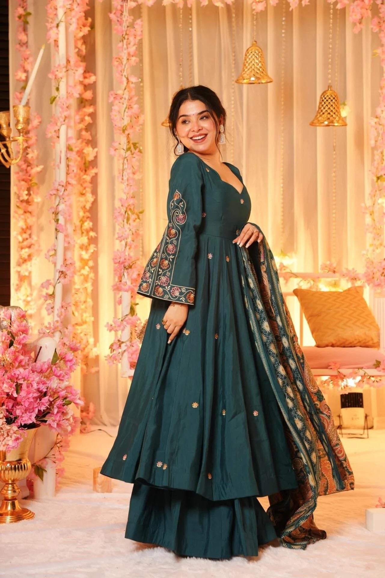 Dark Green Embroidered P.V. Chanderi Sharara Set