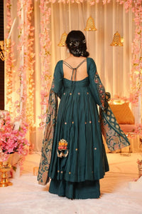 Dark Green Embroidered P.V. Chanderi Sharara Set