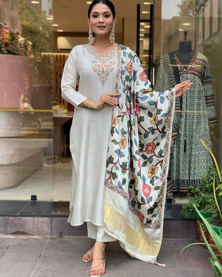 Off White Embroidered Viscose Chanderi Suit Set