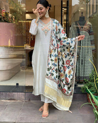Off White Embroidered Viscose Chanderi Suit Set