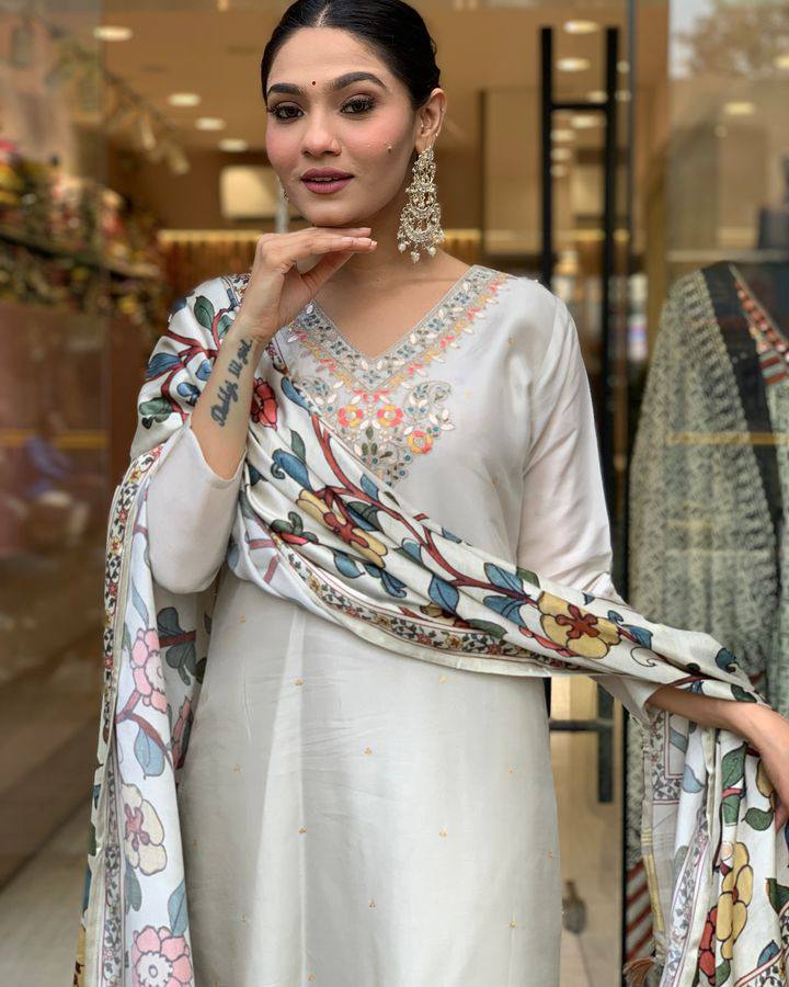 Off White Embroidered Viscose Chanderi Suit Set