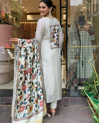 Off White Embroidered Viscose Chanderi Suit Set