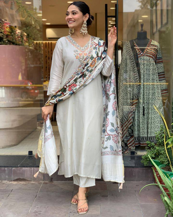 Off White Embroidered Viscose Chanderi Suit Set