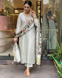 Off White Embroidered Viscose Chanderi Suit Set