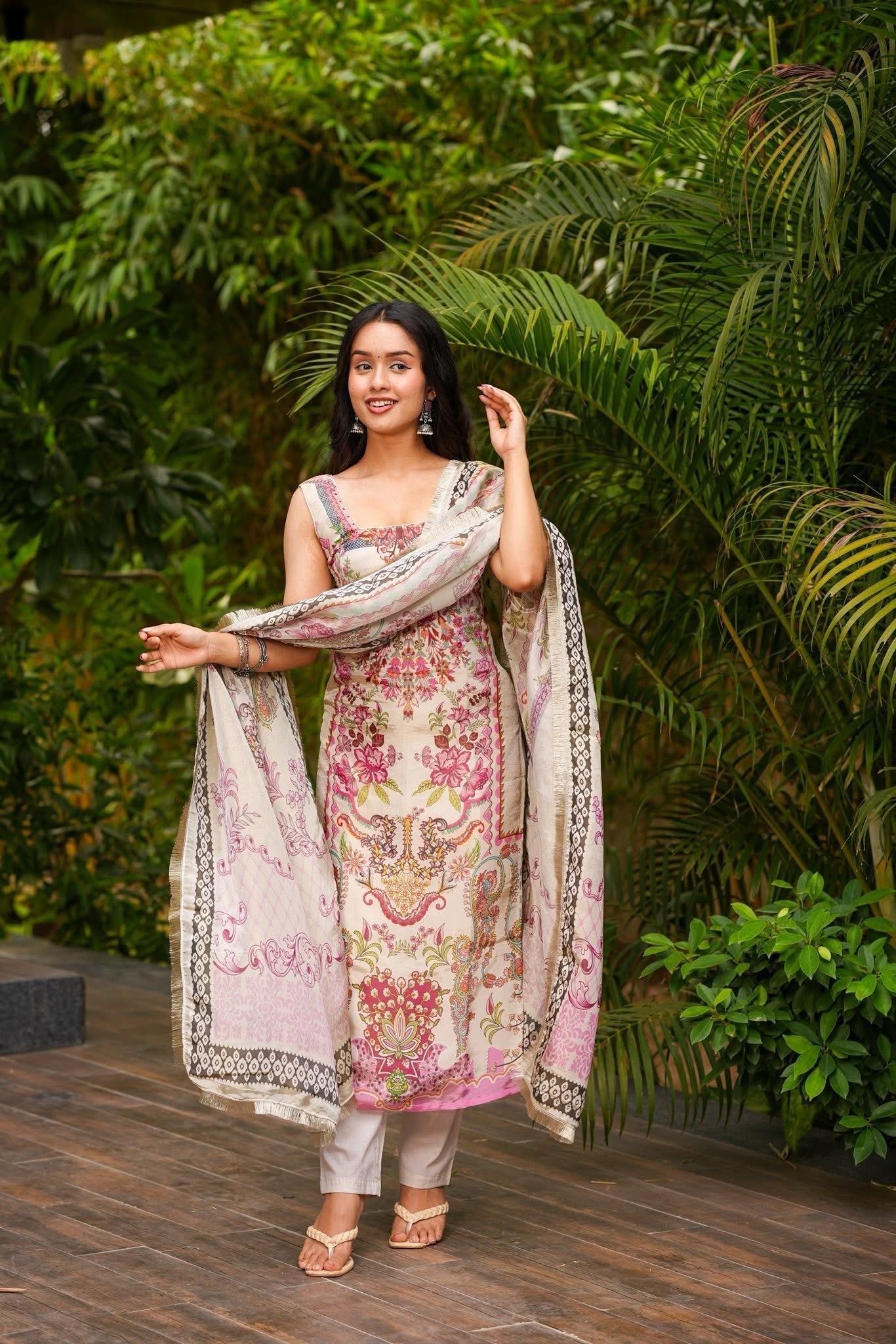 Cream Printed French Crepe Suit Set