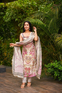 Cream Printed French Crepe Suit Set