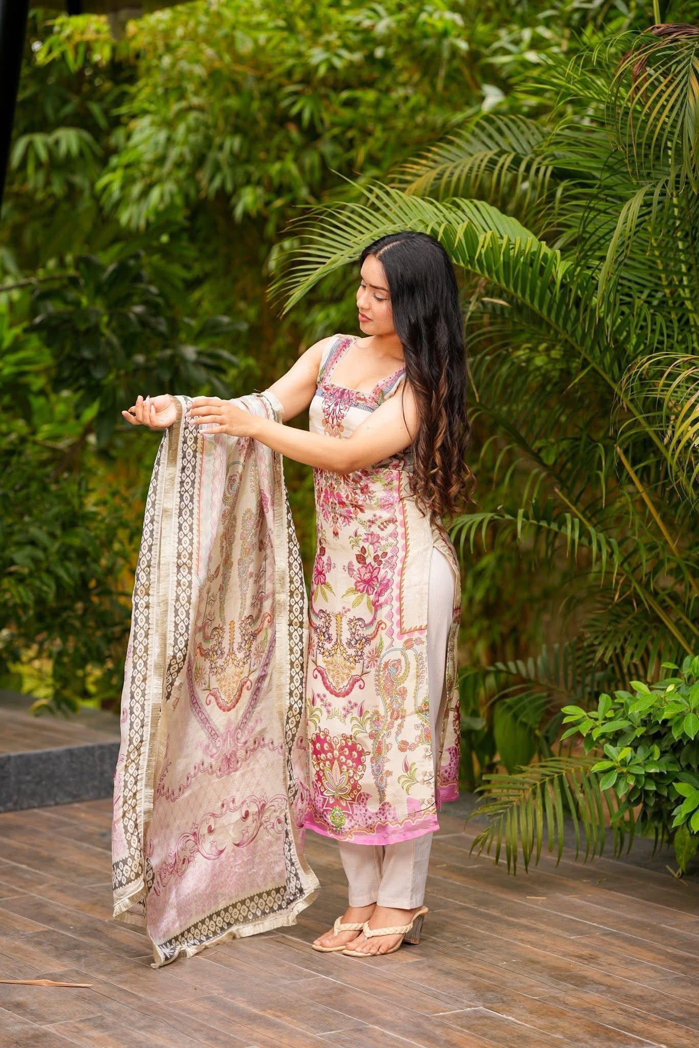 Cream Printed French Crepe Suit Set