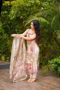 Cream Printed French Crepe Suit Set