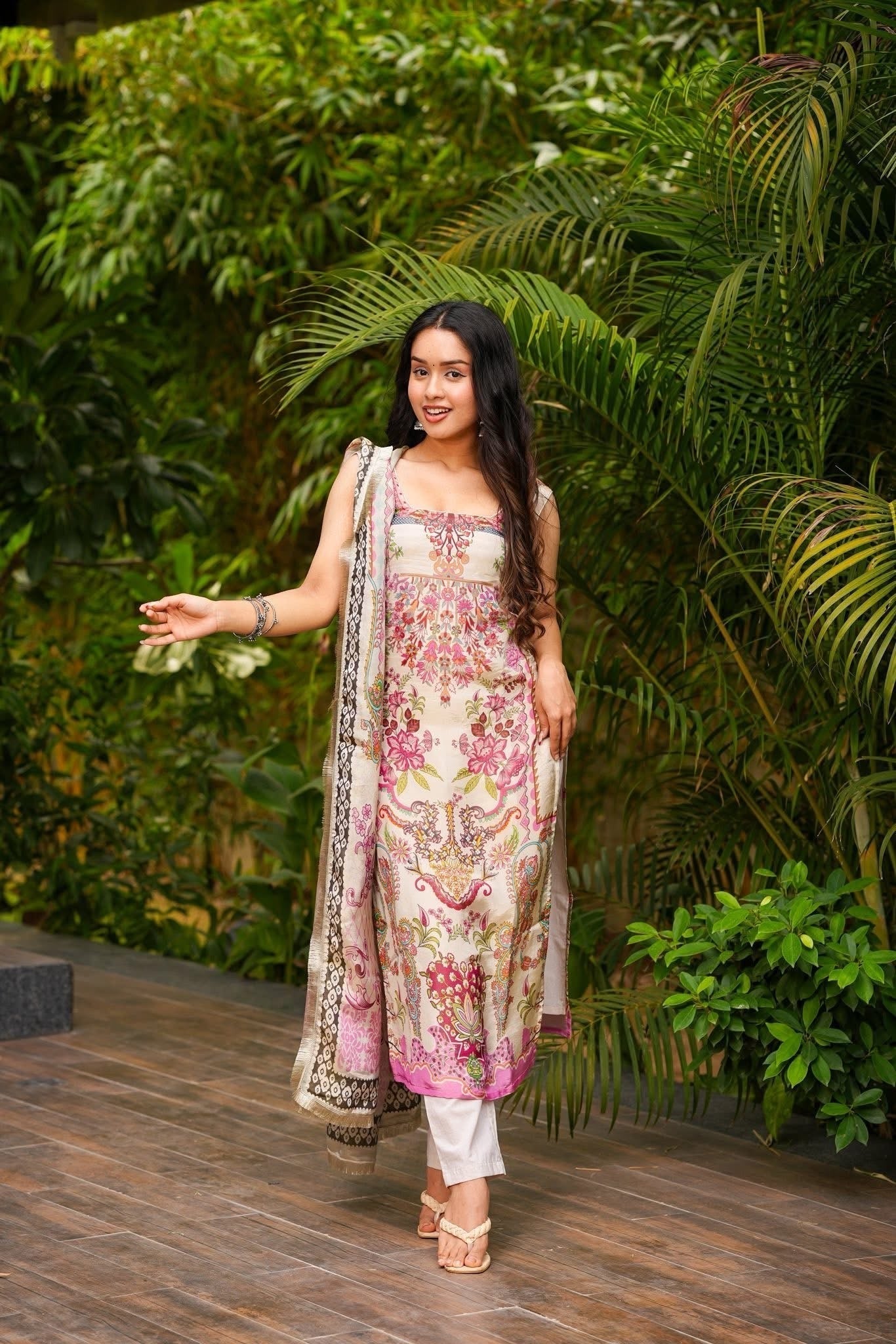 Cream Printed French Crepe Suit Set