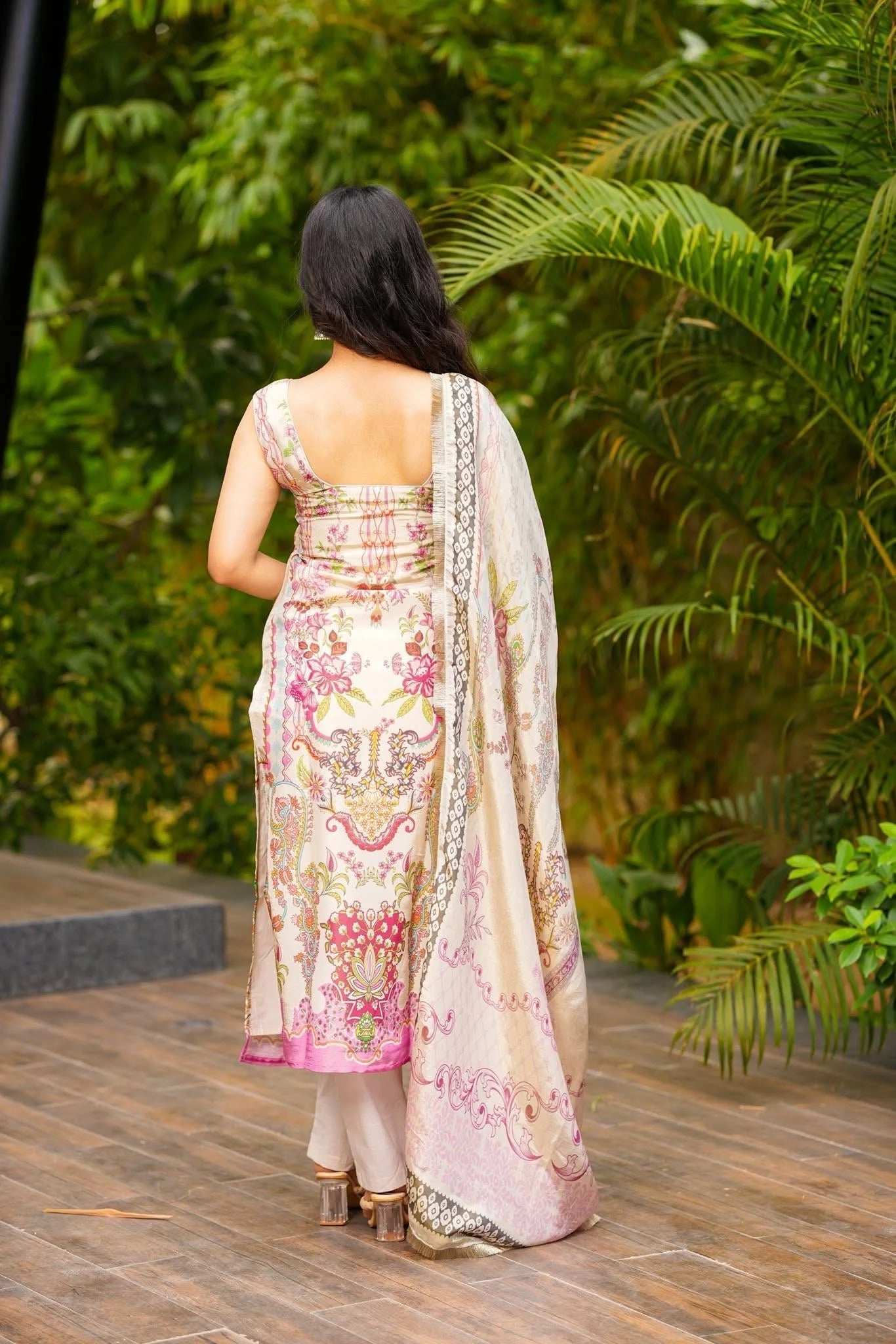 Cream Printed French Crepe Suit Set