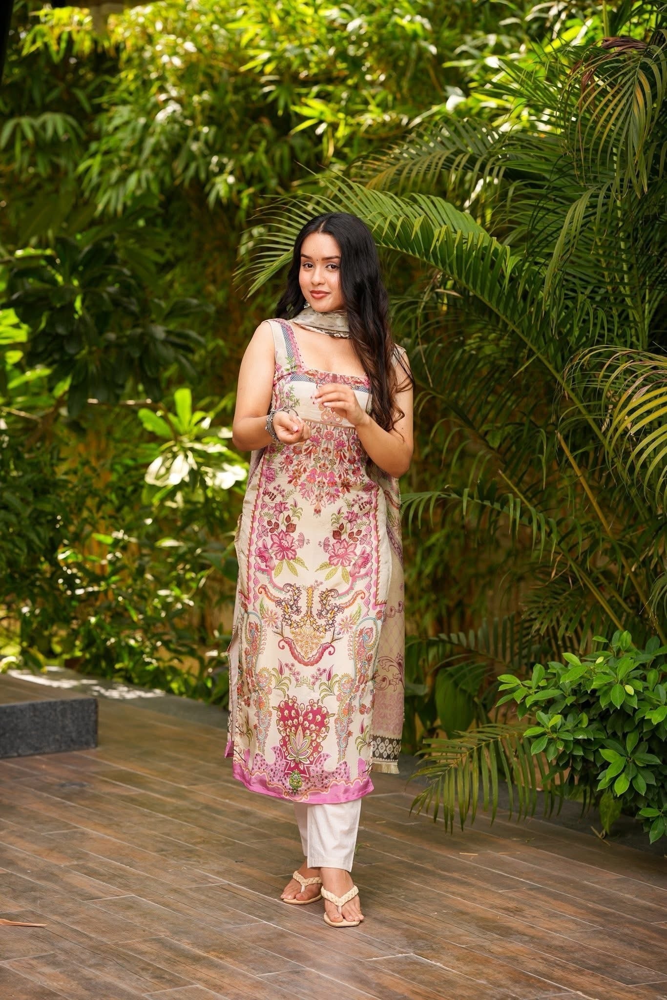 Cream Printed French Crepe Suit Set