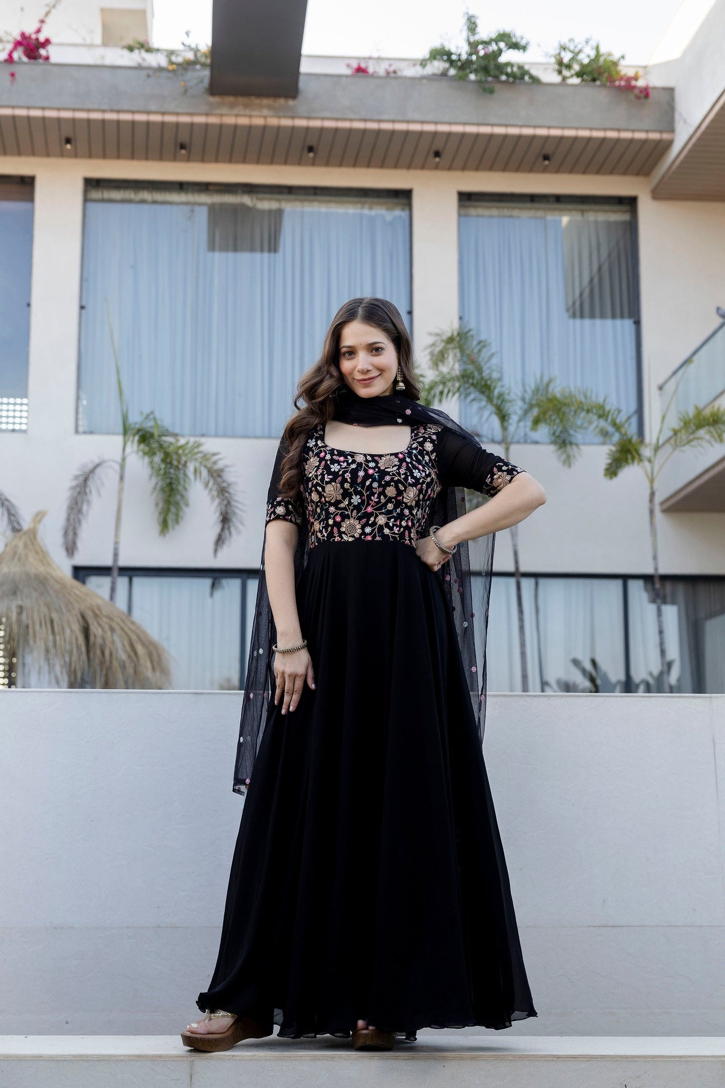 Black Faux Embroidered Kurta Set