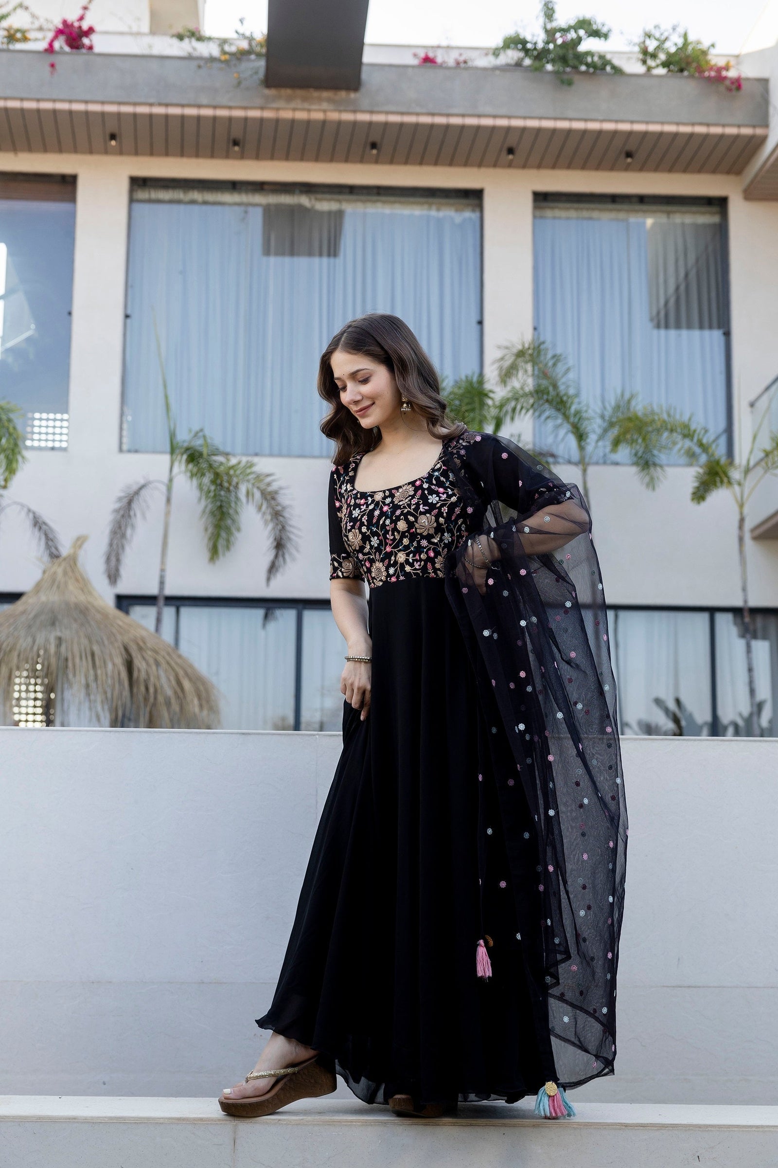 Black Faux Embroidered Kurta Set