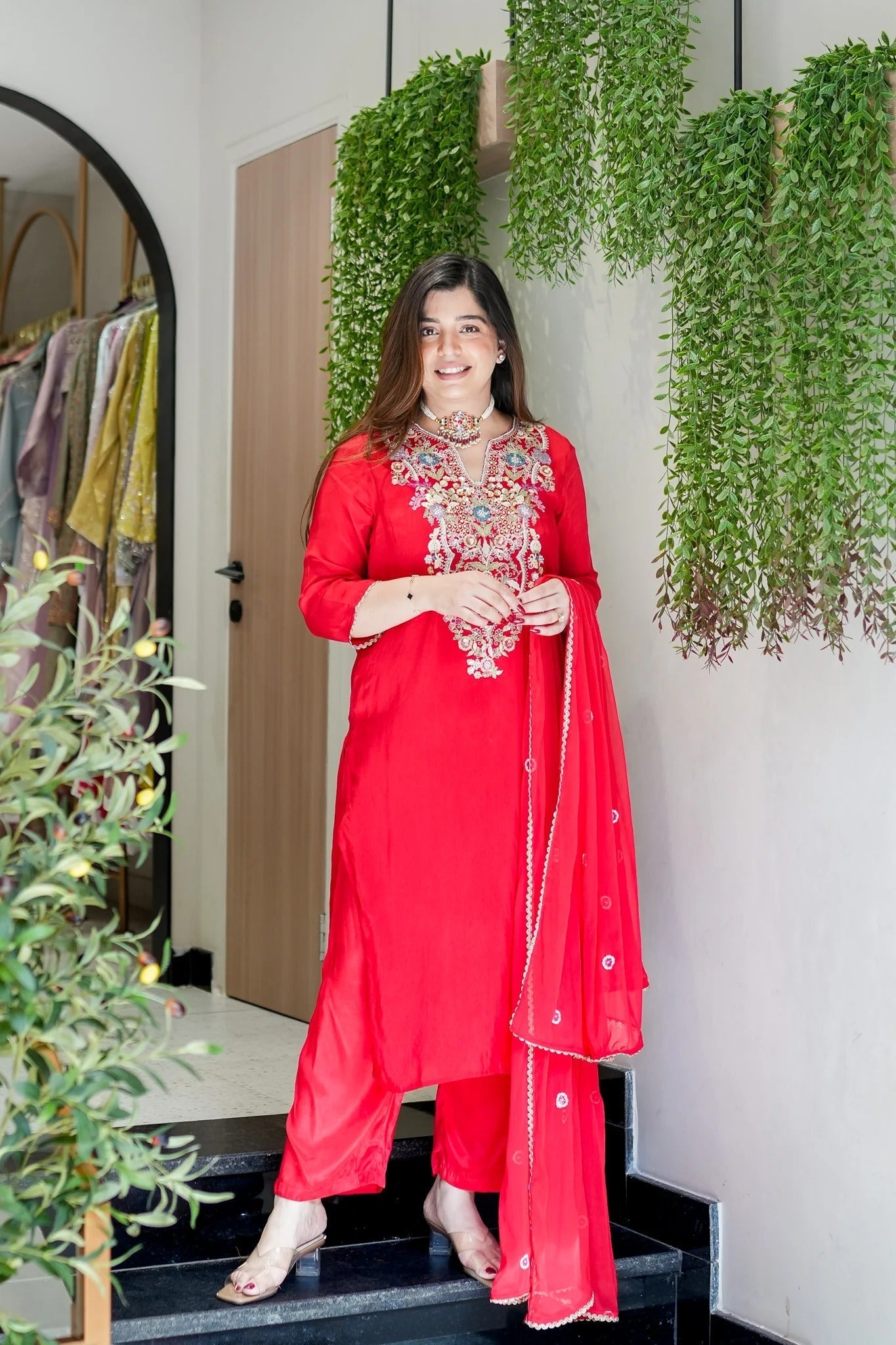 Red Viscose Simmer Embroidered Kurti Set