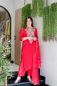 Red Viscose Simmer Embroidered Kurti Set