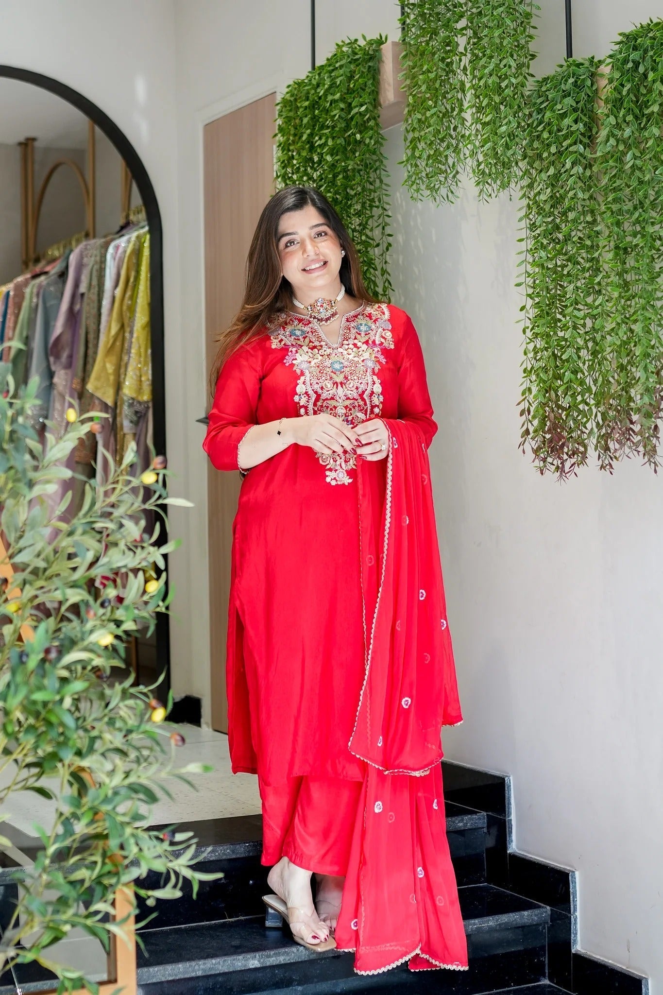 Red Viscose Simmer Embroidered Kurti Set
