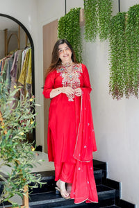 Red Viscose Simmer Embroidered Kurti Set