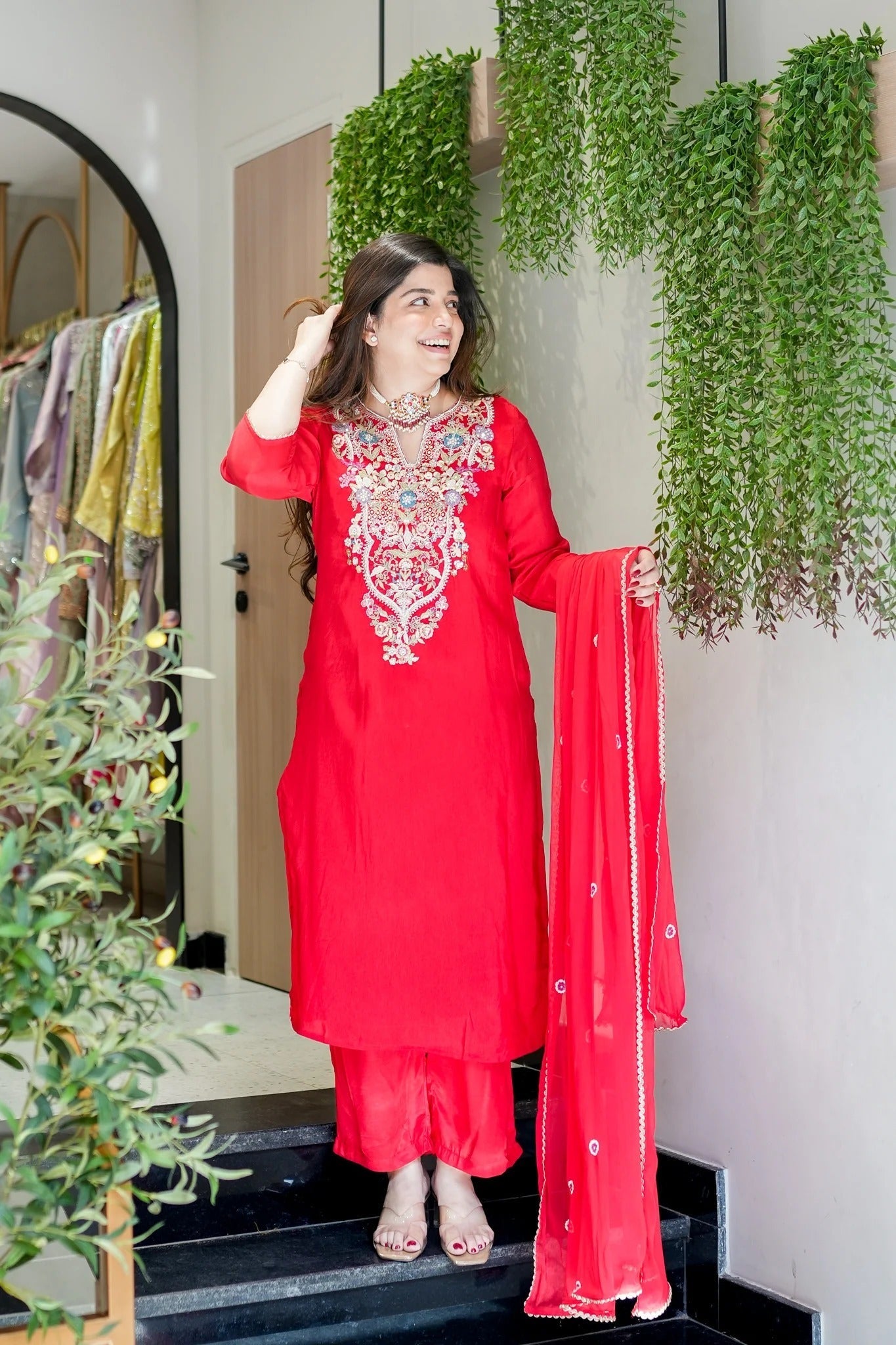 Red Viscose Simmer Embroidered Kurti Set