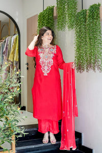 Red Viscose Simmer Embroidered Kurti Set