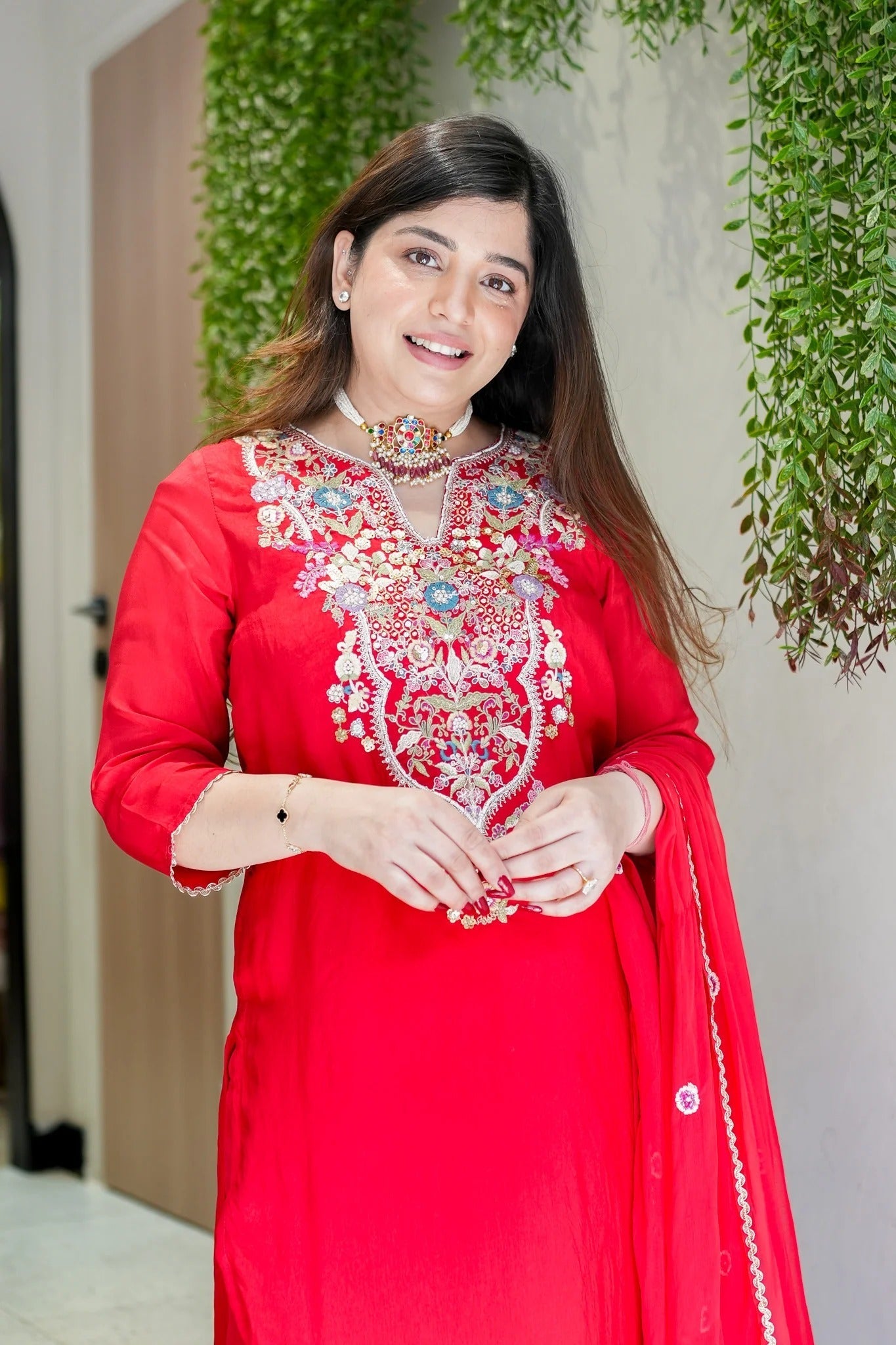 Red Viscose Simmer Embroidered Kurti Set