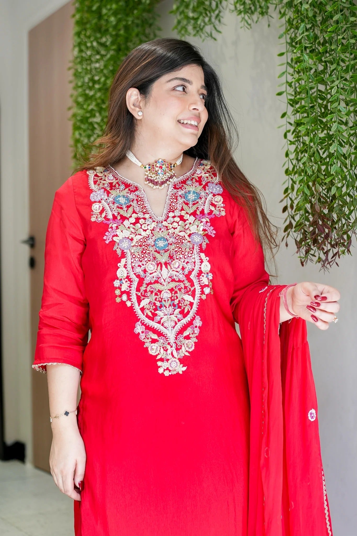 Red Viscose Simmer Embroidered Kurti Set