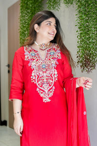 Red Viscose Simmer Embroidered Kurti Set