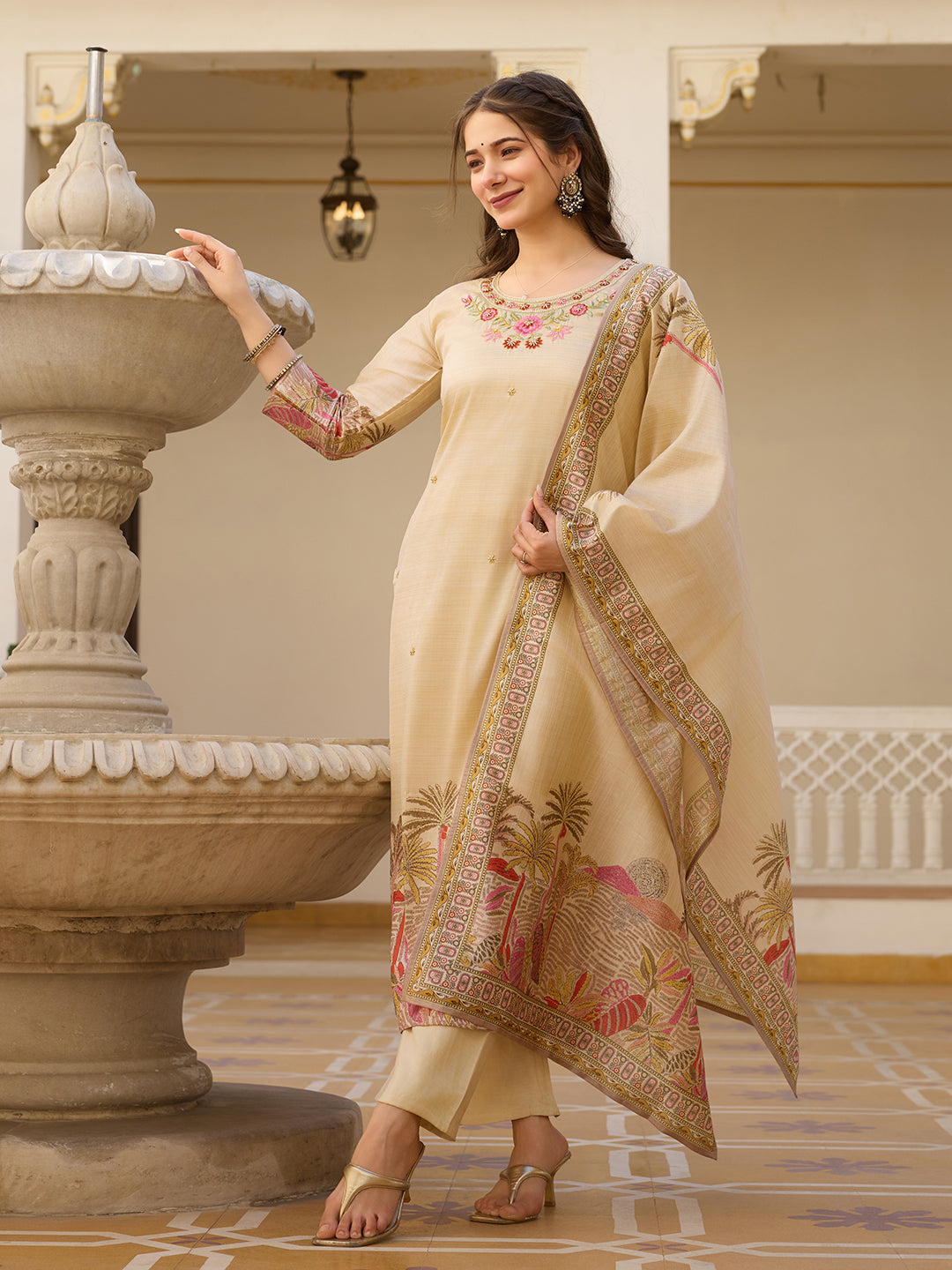 Cream Assam Silk Embroidered Suit Set
