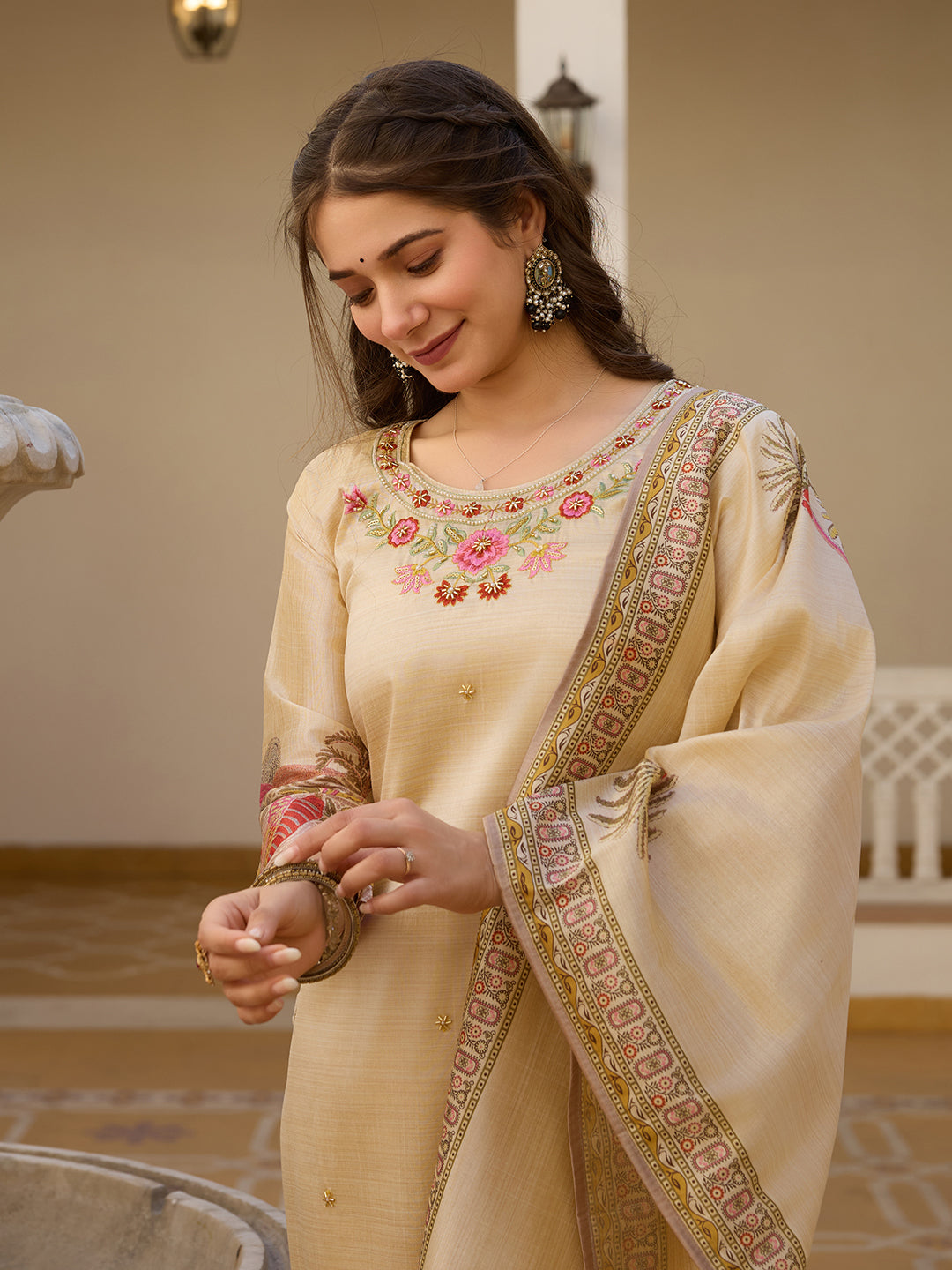 Cream Assam Silk Embroidered Suit Set