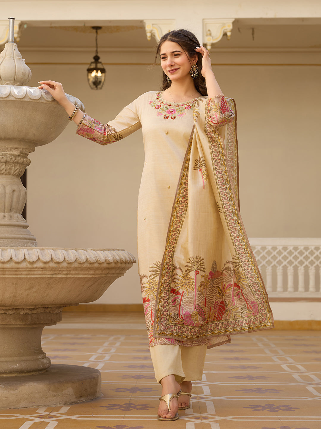 Cream Assam Silk Embroidered Suit Set