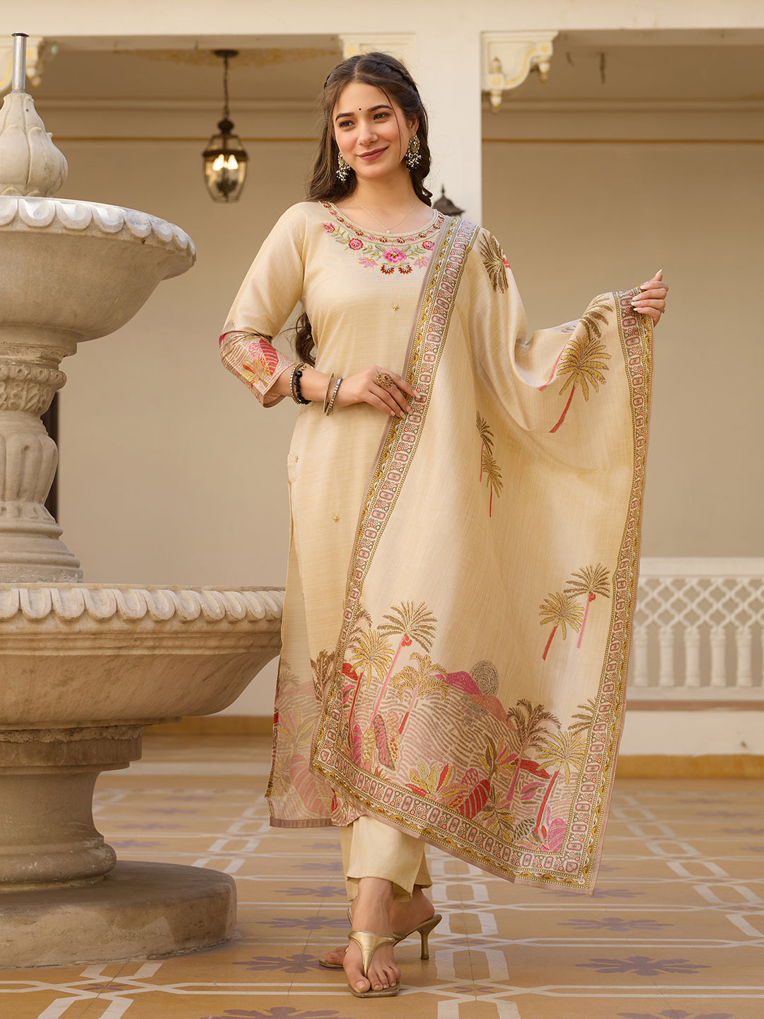 Cream Assam Silk Embroidered Suit Set