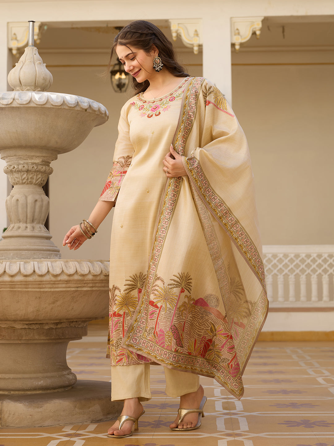 Cream Assam Silk Embroidered Suit Set