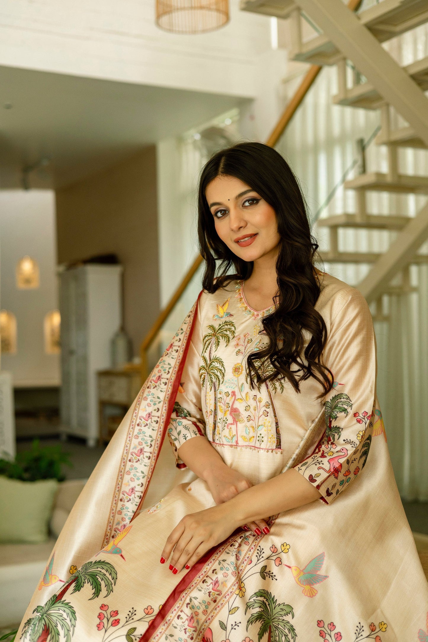 Ivory Cream Assam Silk Embroidered Suit Set