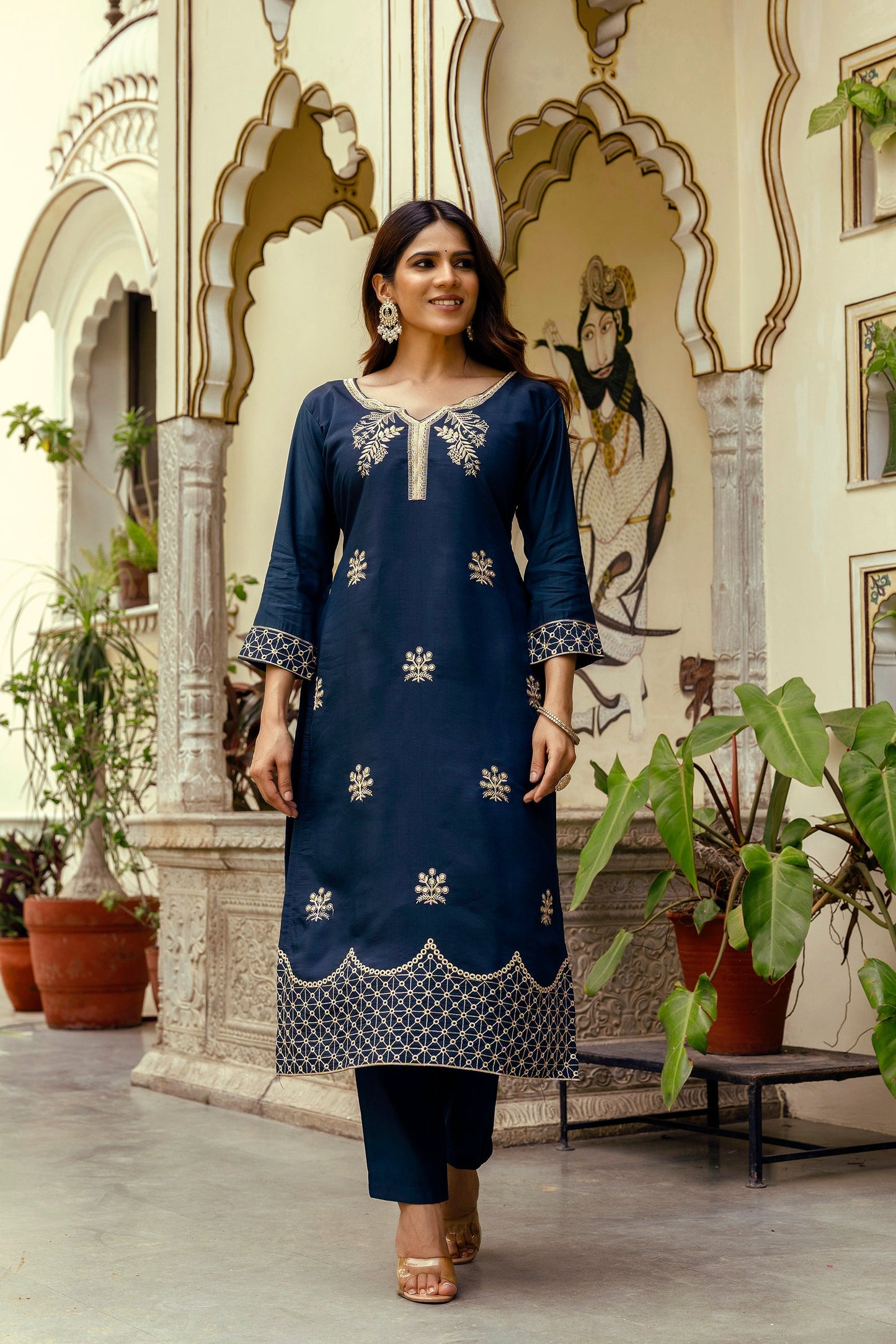 Navy Blue Chanderi Embroidered Suit Set