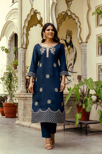 Navy Blue Chanderi Embroidered Suit Set