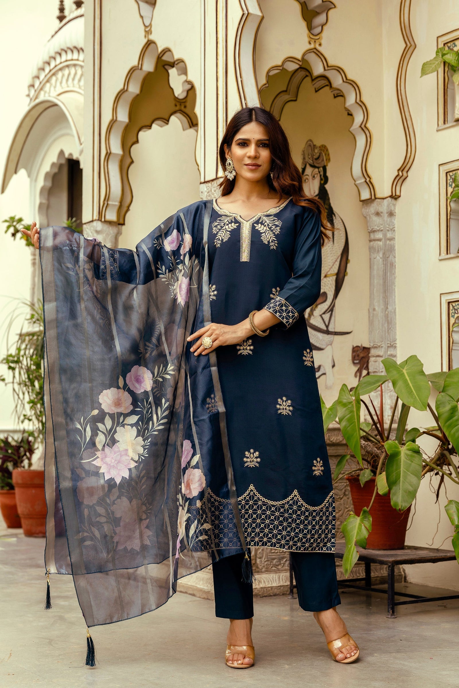 Navy Blue Chanderi Embroidered Suit Set