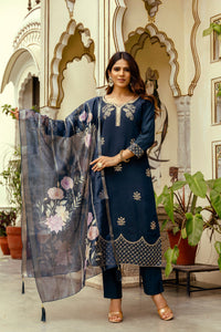 Navy Blue Chanderi Embroidered Suit Set