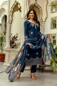 Navy Blue Chanderi Embroidered Suit Set