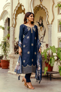 Navy Blue Chanderi Embroidered Suit Set