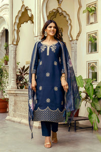 Navy Blue Chanderi Embroidered Suit Set