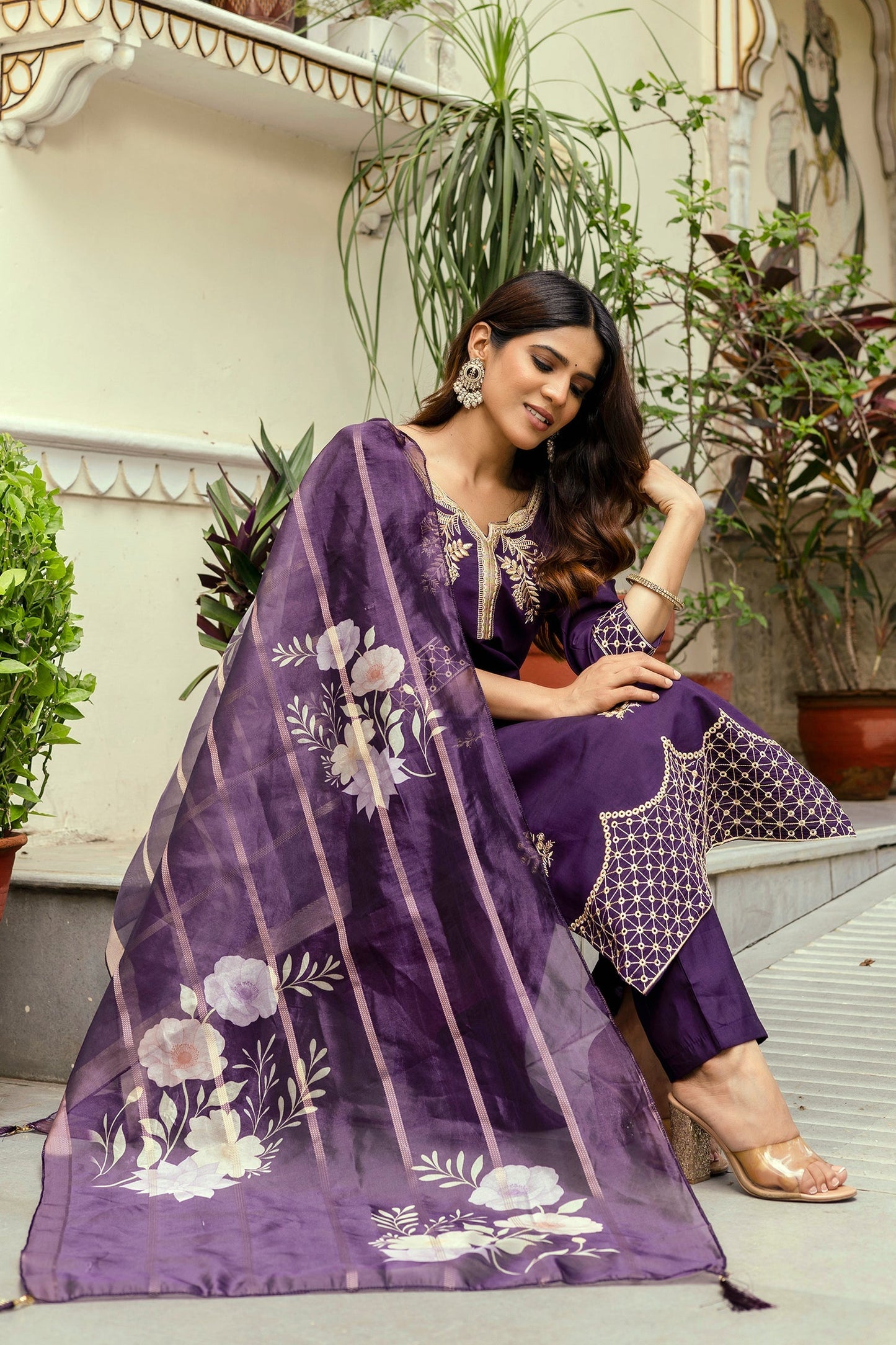 Wine Chanderi Embroidered Suit Set