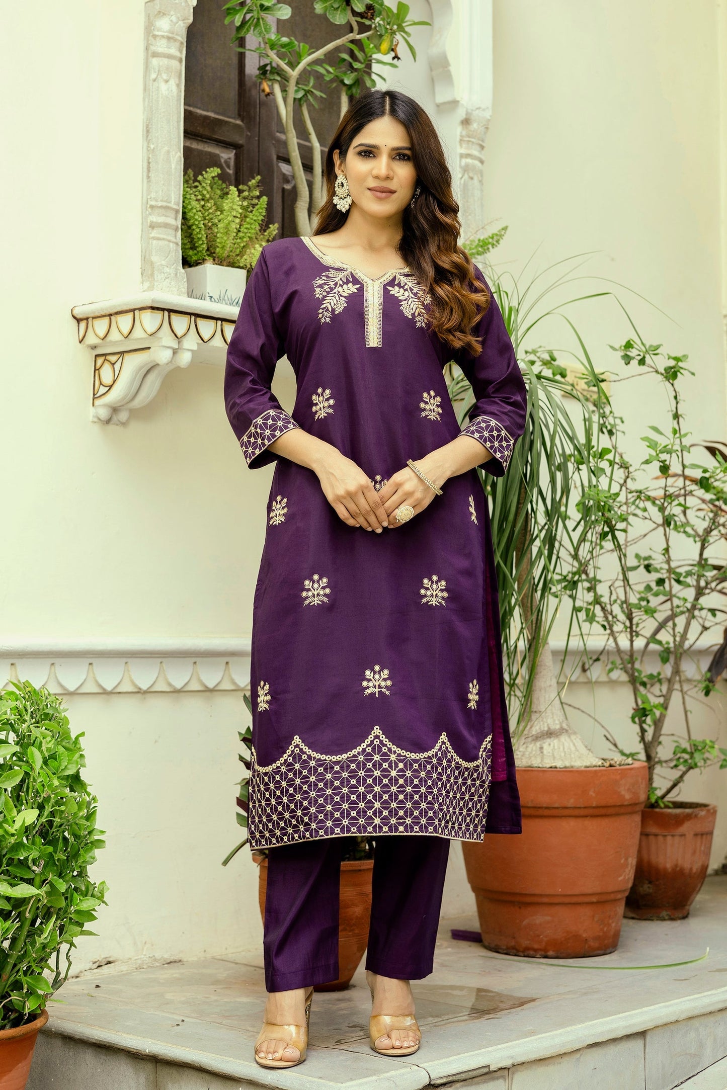Wine Chanderi Embroidered Suit Set