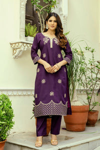 Wine Chanderi Embroidered Suit Set